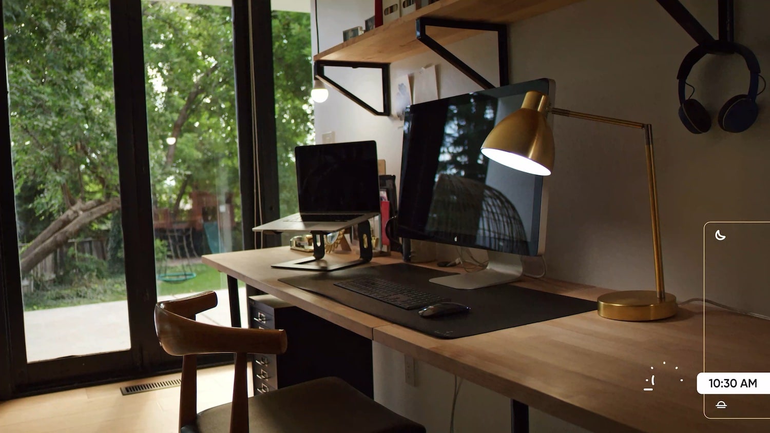Load video: Home office timelapse of the smart bulbs changing colors to match the sun.