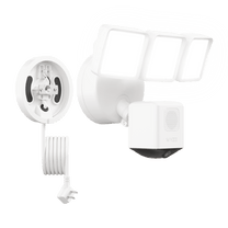 Wyze Cam Floodlight Pro + Plug-In Mount: A white camera with a green background.