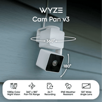 Wyze Cam Pan v3 is a redesigned indoor/outdoor security camera with 360 pan and 180 tilt capabilities.