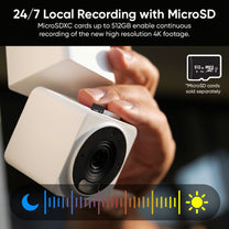 24/7 local recording with microSD cards up to 128GB, enabling continuous recording of the new high resolution 4K video.
