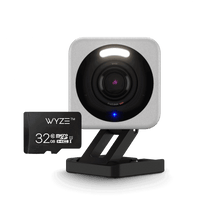 Wyze Cam v4 with 32GB microSD card for enhanced security and night vision.