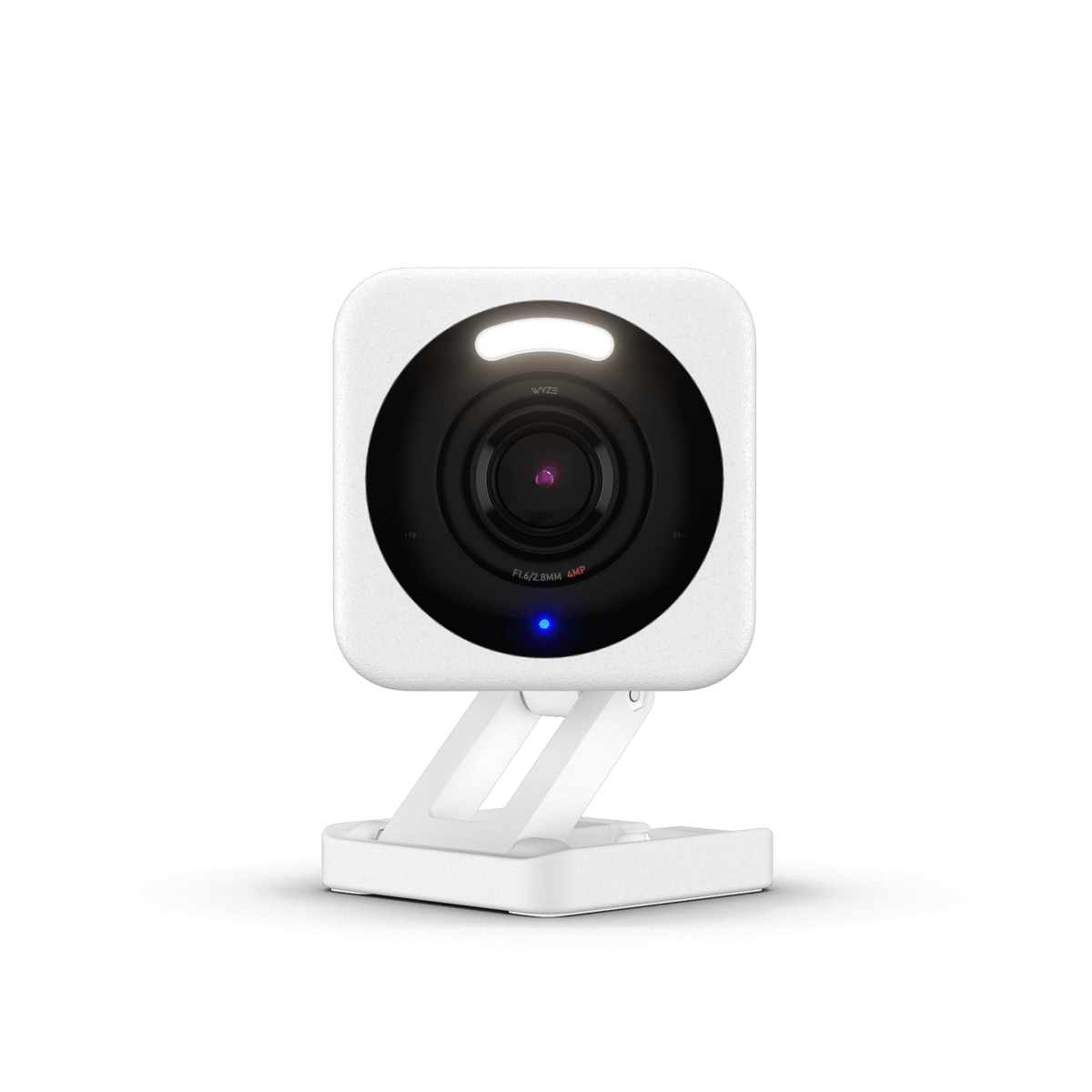 Wyze Cam v4 : une petite caméra blanche avec une lumière bleue sur elle.