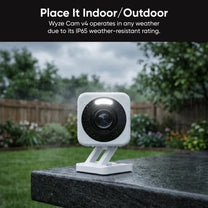 Wyze Cam v4 in white color with 2.5K resolution and night vision.