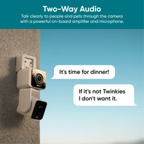 A Wyze Duo Cam Pan is shown in a close-up view, highlighting the two 2K cameras in one device for co