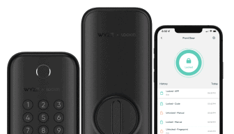 Wyze Lock Bolt with the app open on a smartphone next to it.