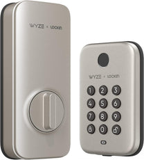 A silver smart lock with a keypad and a touch-free feature.