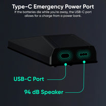 A black device with a green light on it.