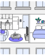 Illustration of the inside of a home with Wyze Security products setup throughout