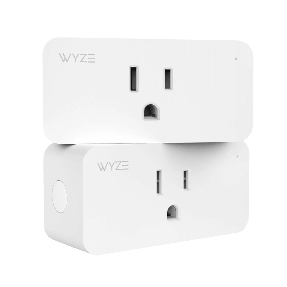 Two white smart plugs with two outlets each.