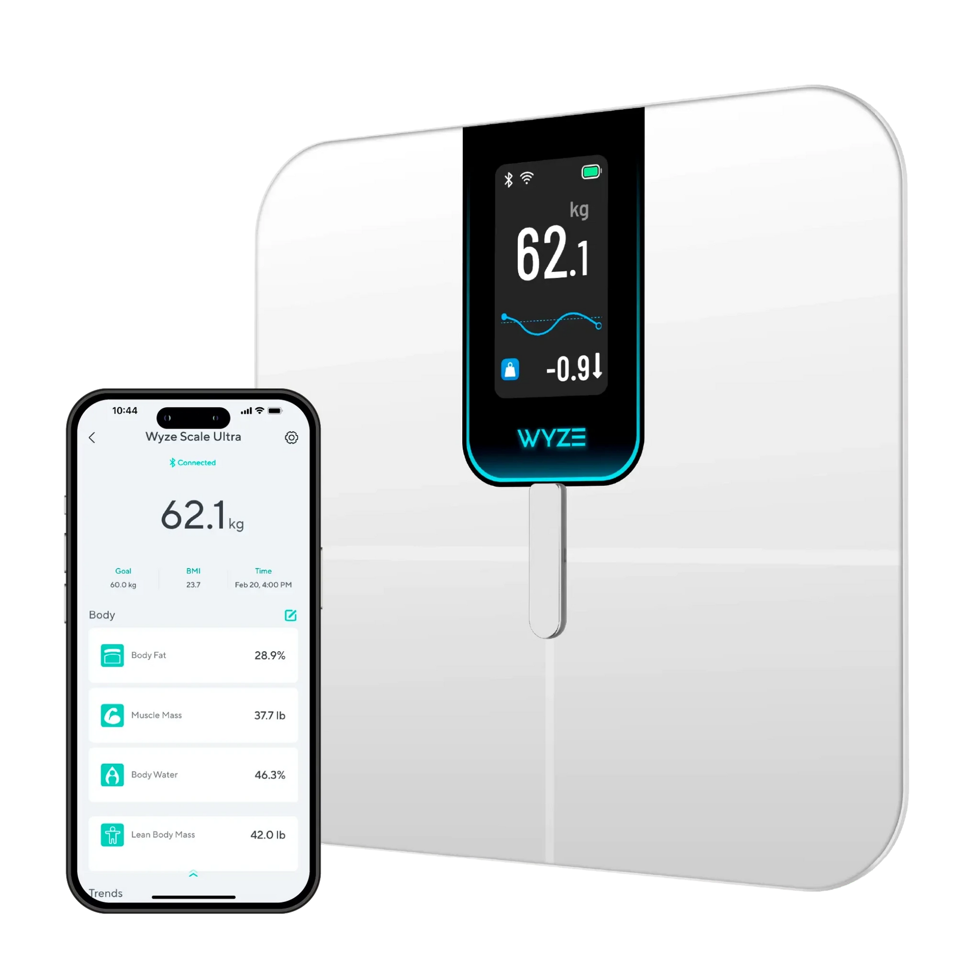 Wyze Scale Ultra measures 13 body composition metrics and displays your weight, BMI, and body fat percentage.