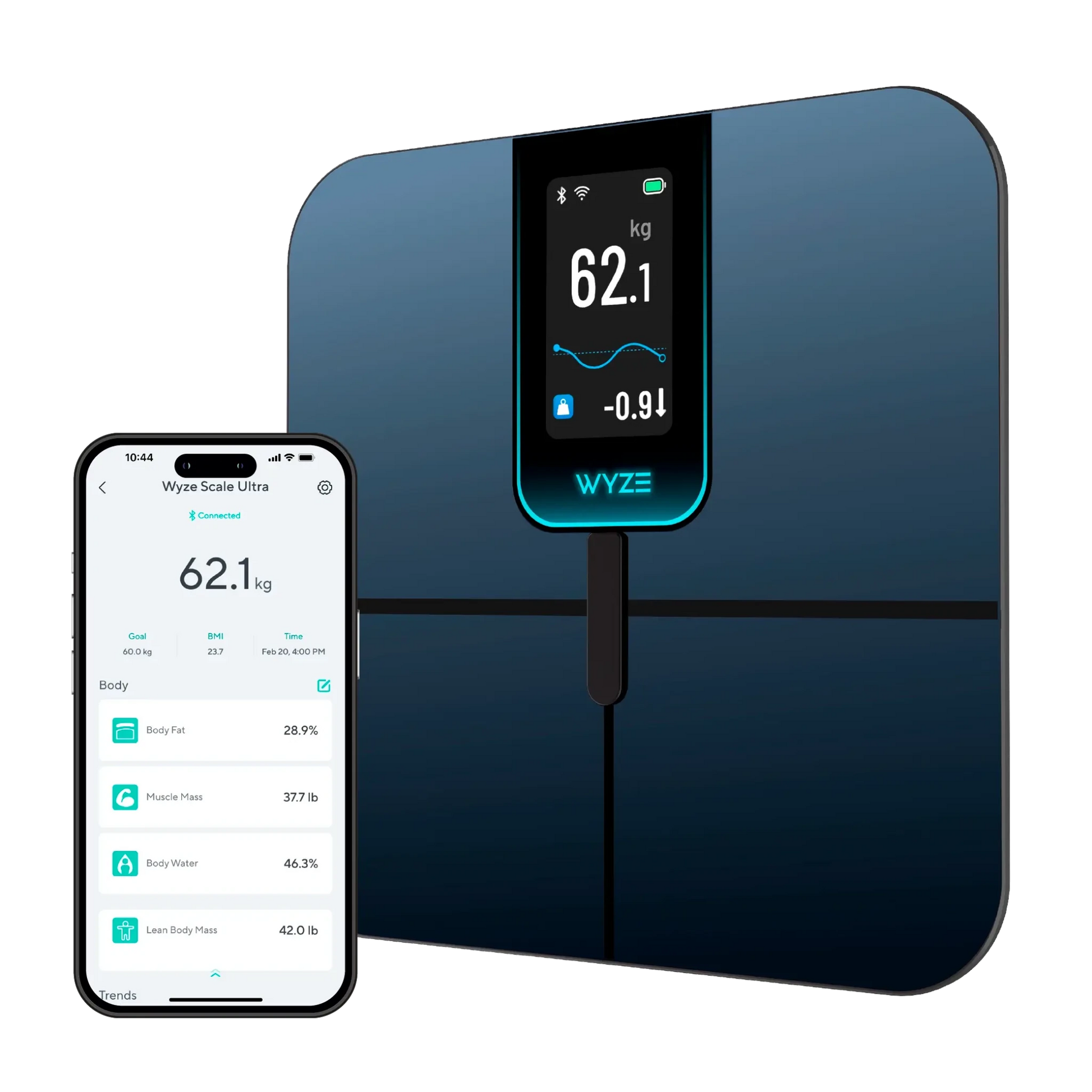 Wyze Scale Ultra measures 13 body composition metrics and displays your weight, BMI, and body fat percentage.