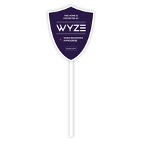 A blue and white sign that says Wyze Security.