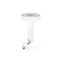 A white camera mount with a longer neck, designed for versatile mounting applications such as the ceiling or pa