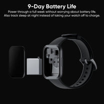 A black smartwatch with a charging port on the side.