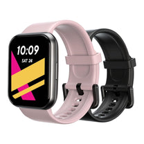 A pink watch with a black face and a black band.