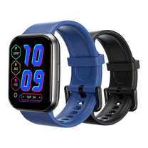 The blue Wyze watch has a black band and is designed to be worn on the wrist.