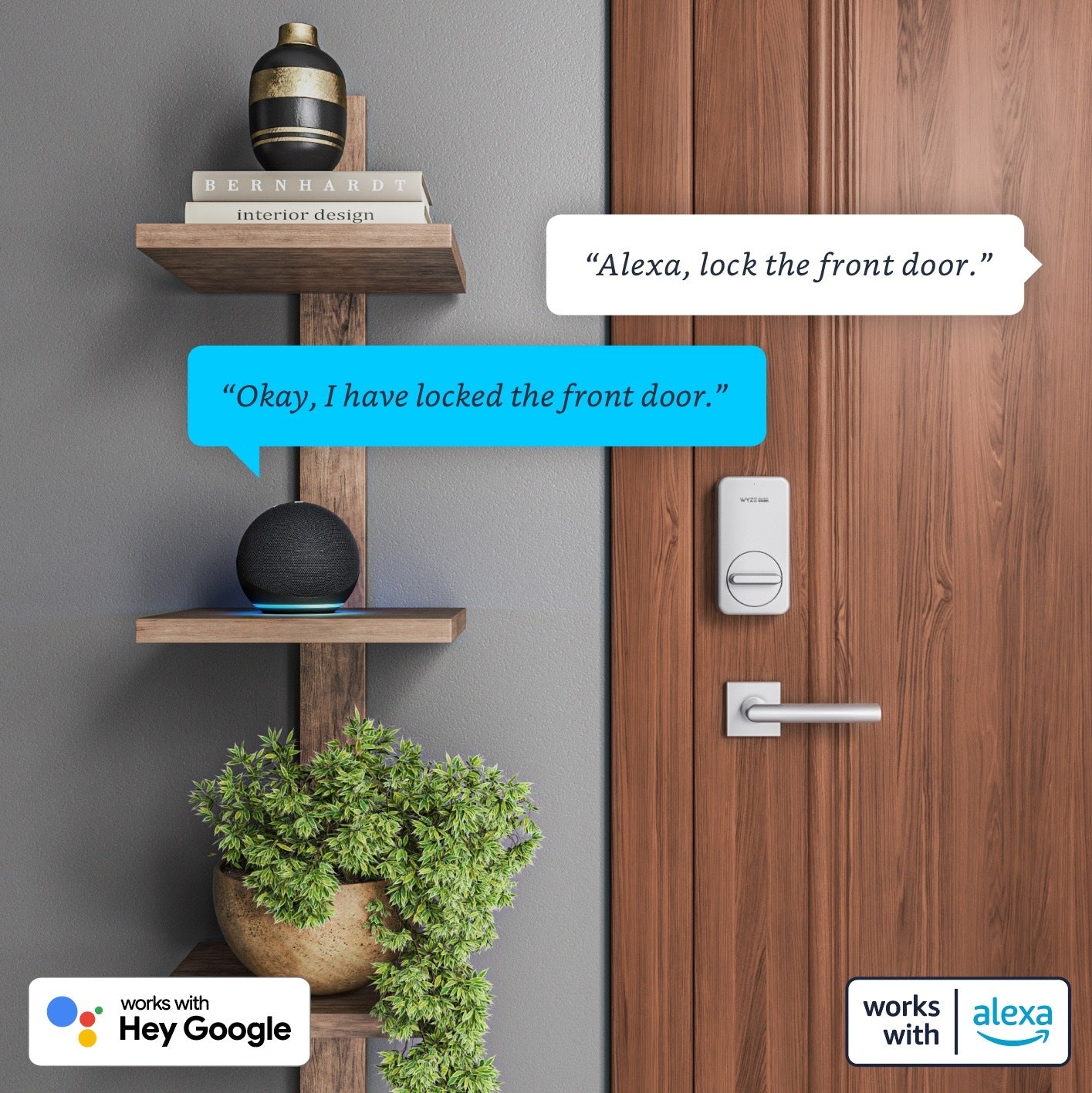 Wyze Lock installed on a wooden door with an Amazon Alexa device nearby as the two devices communicate
