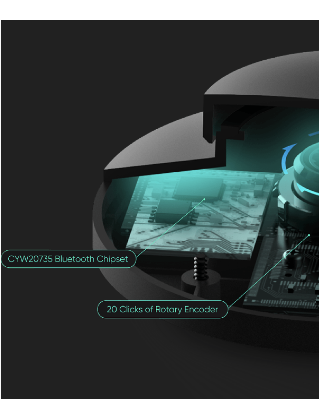 Internal view of floor lamp's bluetooth chipset and rotary encoder