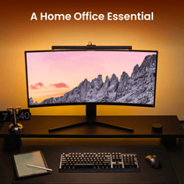 A Yeelight Monitor Light Bar Pro is displayed on a desk, providing brightness and illumination for computer monitors.