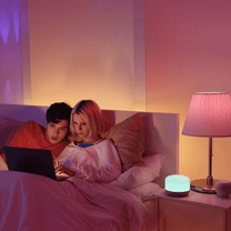 A man and woman laying in bed with a laptop between them.