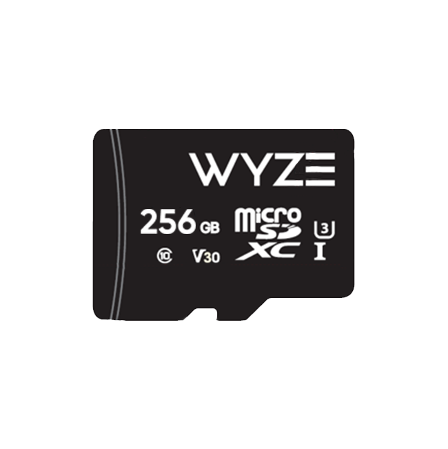 Black 256GB microSD card with the Wyze logo on it. Includes Class 10 and UHS-3 (U3) labelling. 