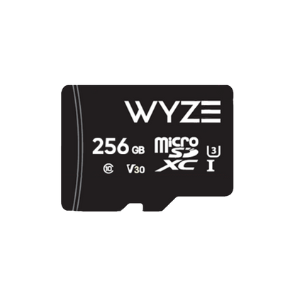 Black 256GB microSD card with the Wyze logo on it. Includes Class 10 and UHS-3 (U3) labelling. 