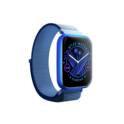 Dark Blue Wyze Watch 47c. Shows dark blue watch band and smart digital interface.