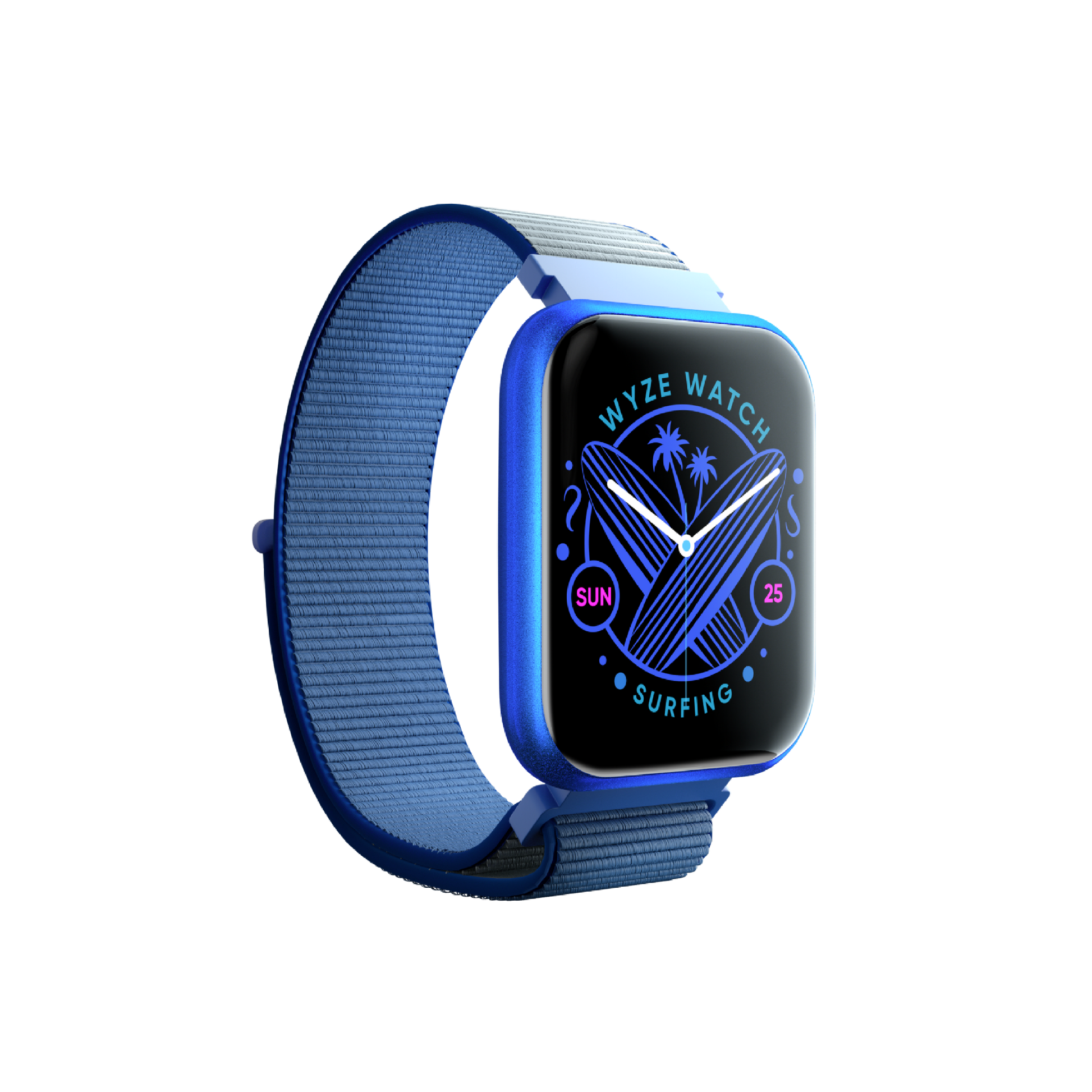 Dark Blue Wyze Watch 47c. Shows dark blue watch band and smart digital interface.