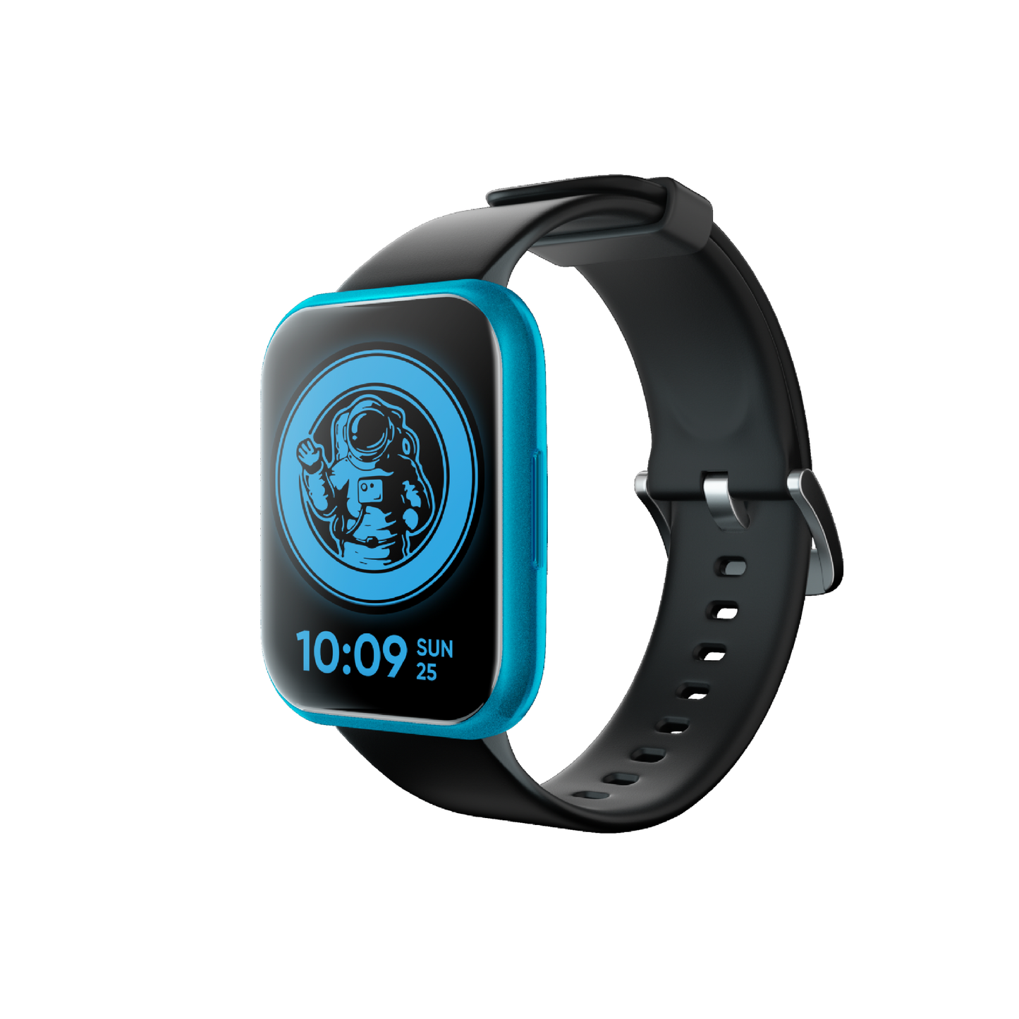 Light Blue Wyze Watch 47c. Shows black watch band and smart digital interface.