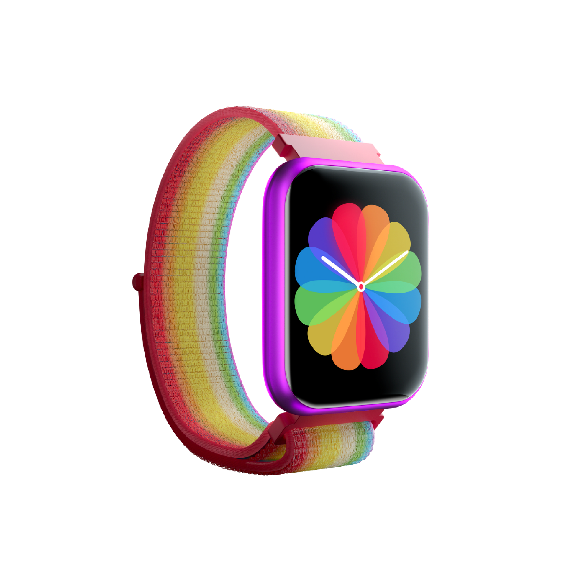 Purple Wyze Watch 47c. Shows rainbow watch band and smart digital interface.
