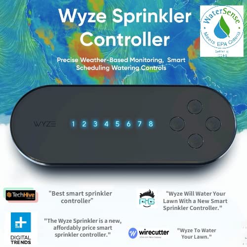 Sprinkler controller unit surrounded by professional reviews. WaterSense logo in the upper right hand corner.