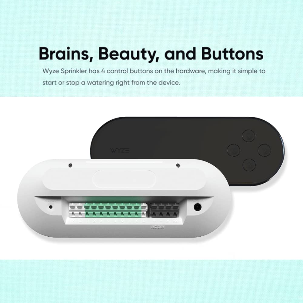 The back and front sizes of the sprinkler controller unit against a white background. Black text overlay that says "Brains, Beauty, and Buttons."