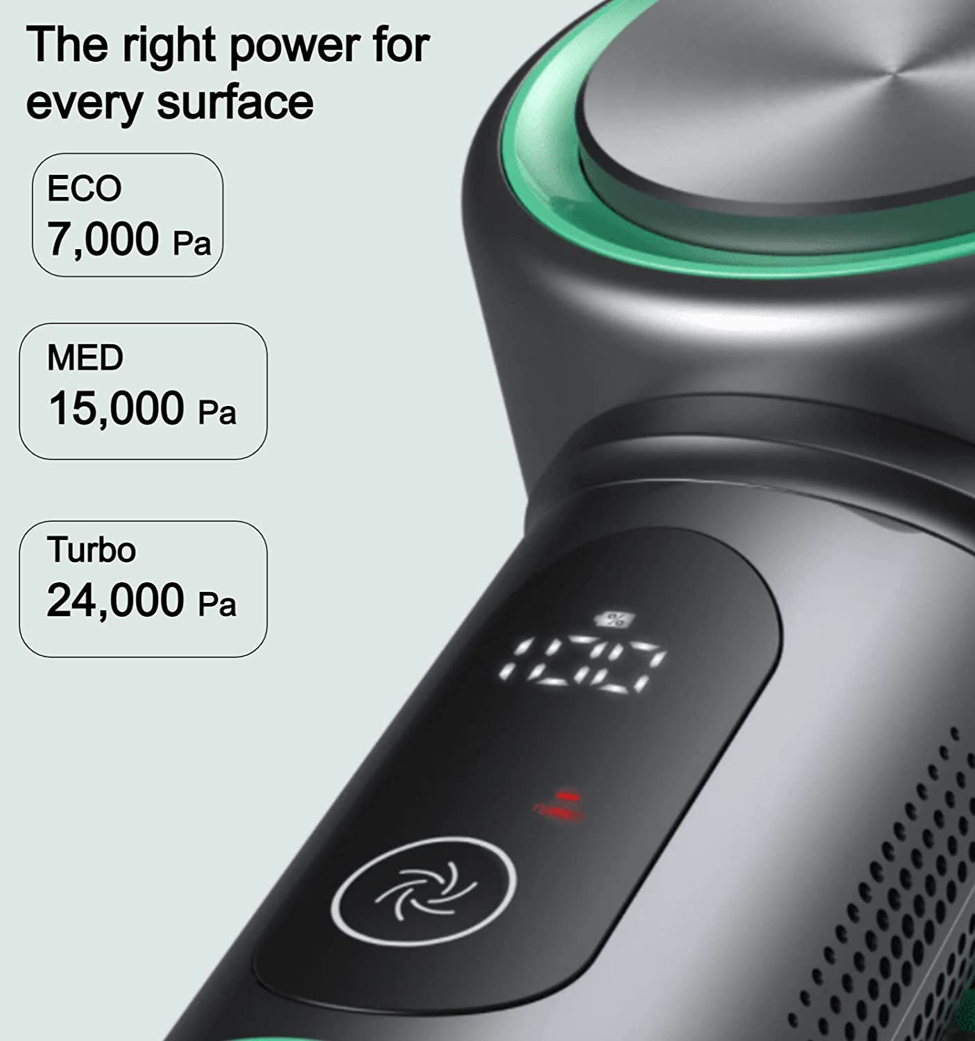 The right power for every surface. ECO 7,000 Pa. MED 15,000 Pa. Turbo 24,000 Pa