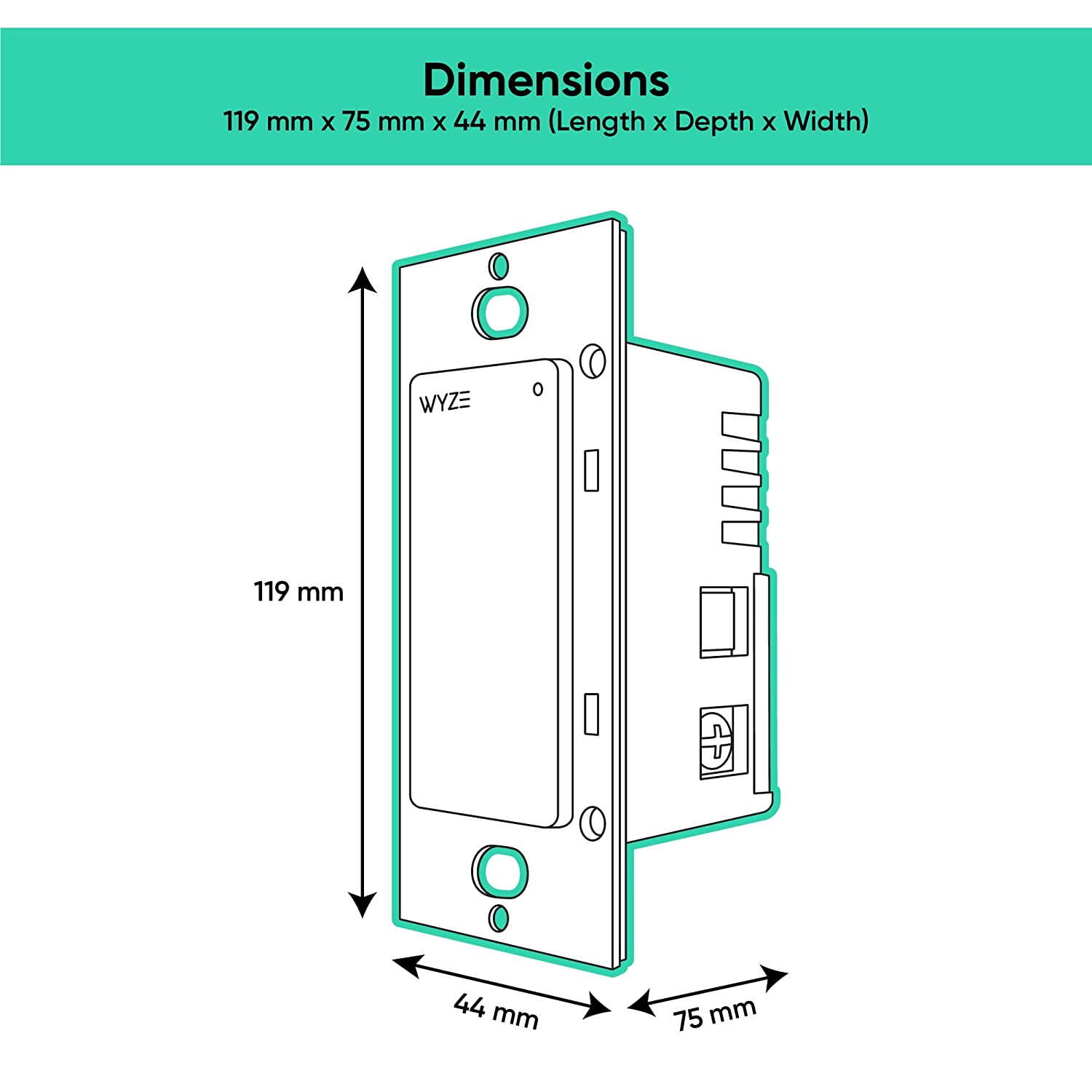 Wyze Switch with dimensions labelled. Text overlay that says "119mm x 75mm x 44mm (Length x Depth x Width)."