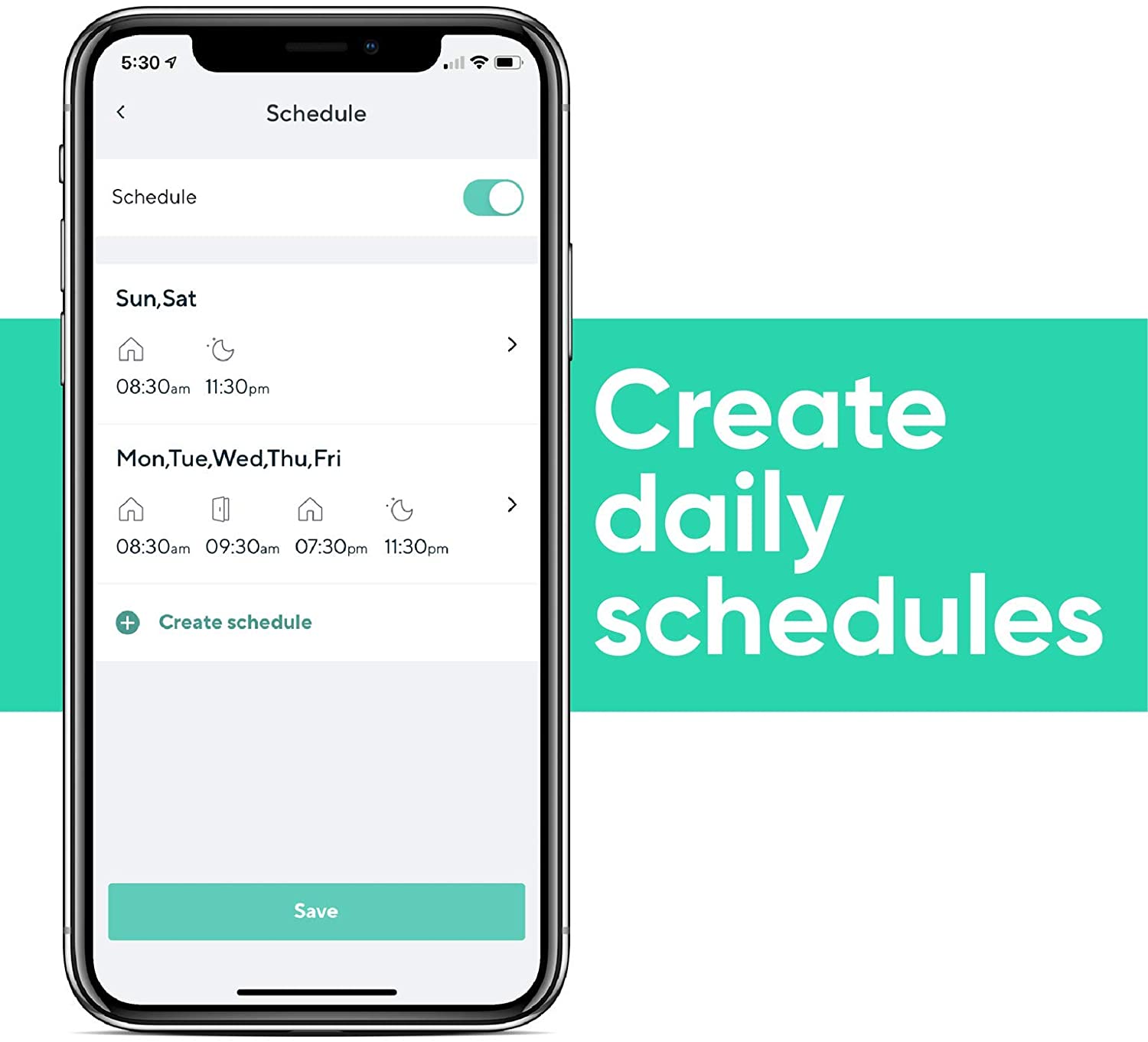 Close up of smartphone with Wyze app open and on the schedule screen. White text overlay that says "Create daily schedules." 
