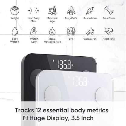 Black and White Wyze Scales. Text overlay says, "Tracks 12 essential body metrics, weight, lean body mass, metabolic age, body fat %, muscle mass, bone mass, body water %, protein level, basal metabolic rate, BMI, visceral fat, and heart rate."