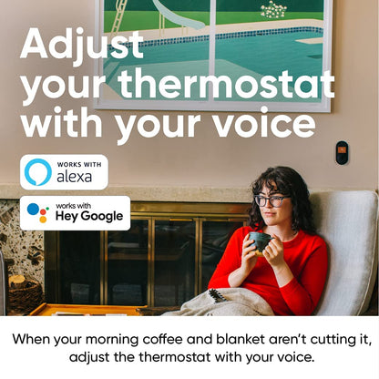 Woman sitting in a shari with the Wyze Thermostat unit installed behind her. White text overlay that says "Adjust your themostat with your voice." Icons that say "Works with Alex," and "Works with Hey Google." 