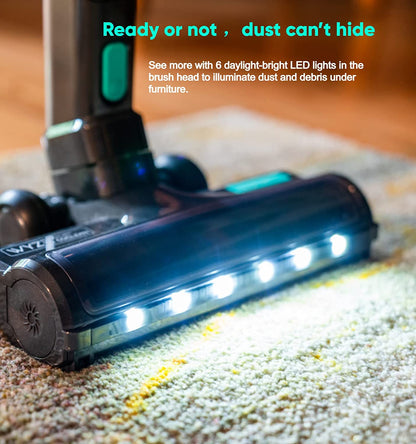 Cordless vacuum with 5 daylight-bright LED lights in the brush head to illuminate dust and debris under furniture
