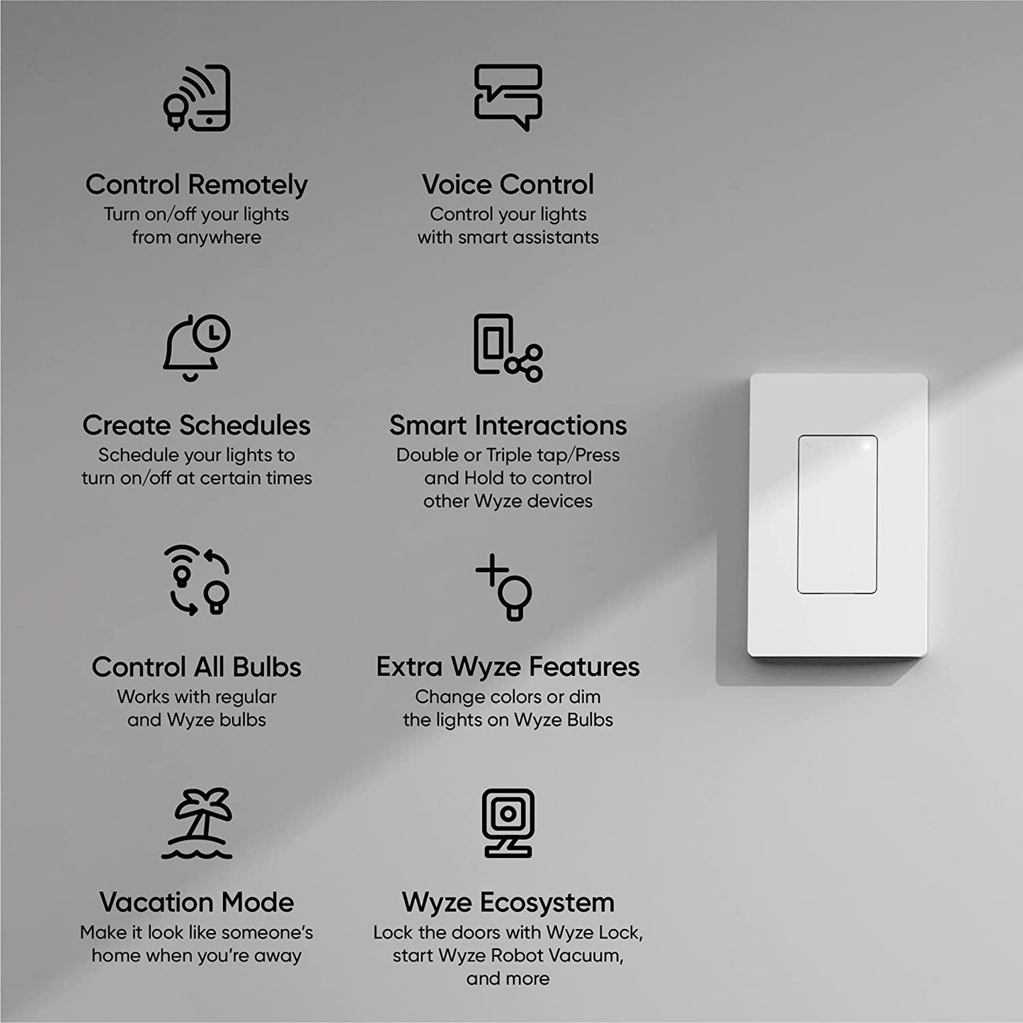 Smart light switch installed. Text overlay that says "Control remotely, voice control," and additional features.