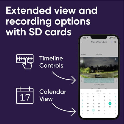 Wyze app on smartphone on timeline view. Text overlay "extended view and recording options with SD Card".