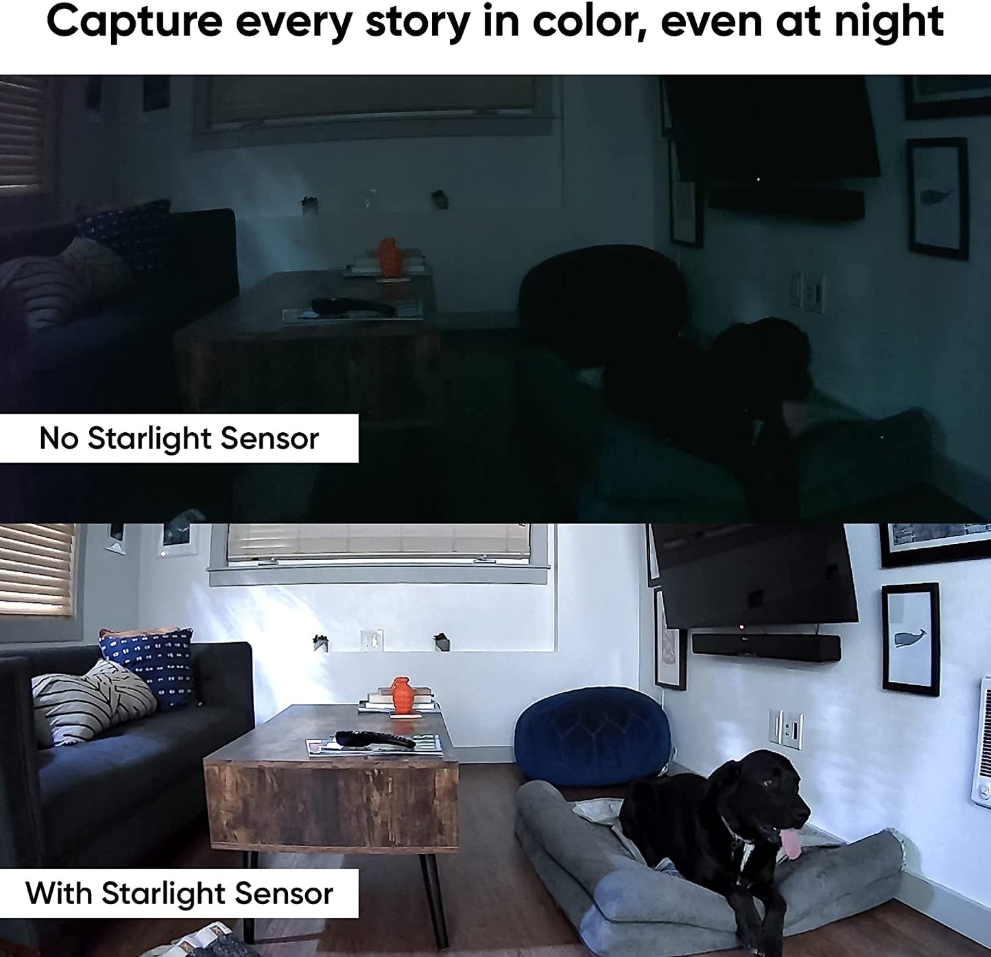Text overlay "Capture every story in color, even at night". Comparison image with darker image in the top and color night vision on the bottom. 