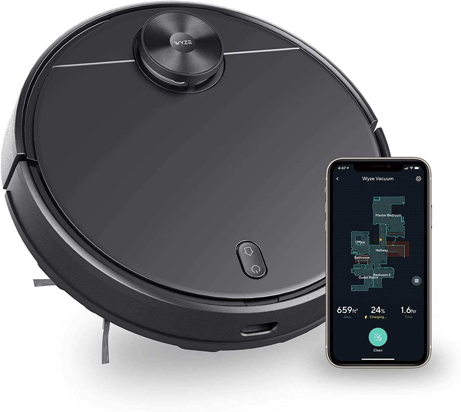 Wyze Robot Vacuum against a white background. Smartphone off to the right side with the layout of a home mapped on the screen.