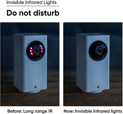 Wyze Cam Pan v1 vs v2 comparison image of infrared lights visible vs invisible. Text overlay "Invisible infrared lights."