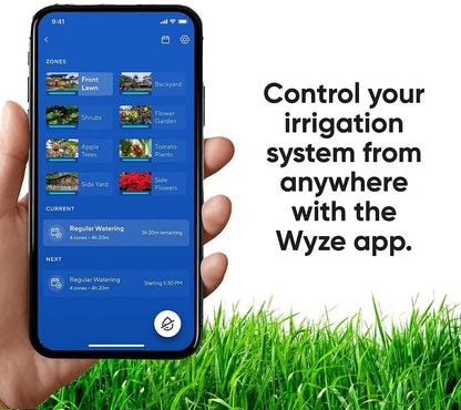 Hand holding up a smartphone with the designated zones in the Wyze app sprinkler dashboard. Black text overlay that says "Control your irrigation system from anywhere with the Wyze app."