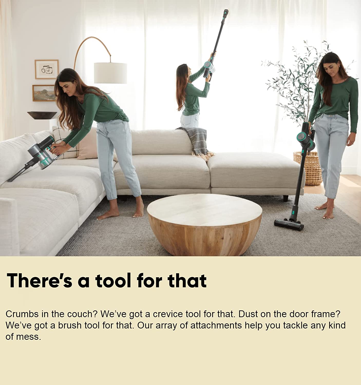 woman with a cordless vacuum in 3 areas in the living room - coach, window curtain, and living room carpet