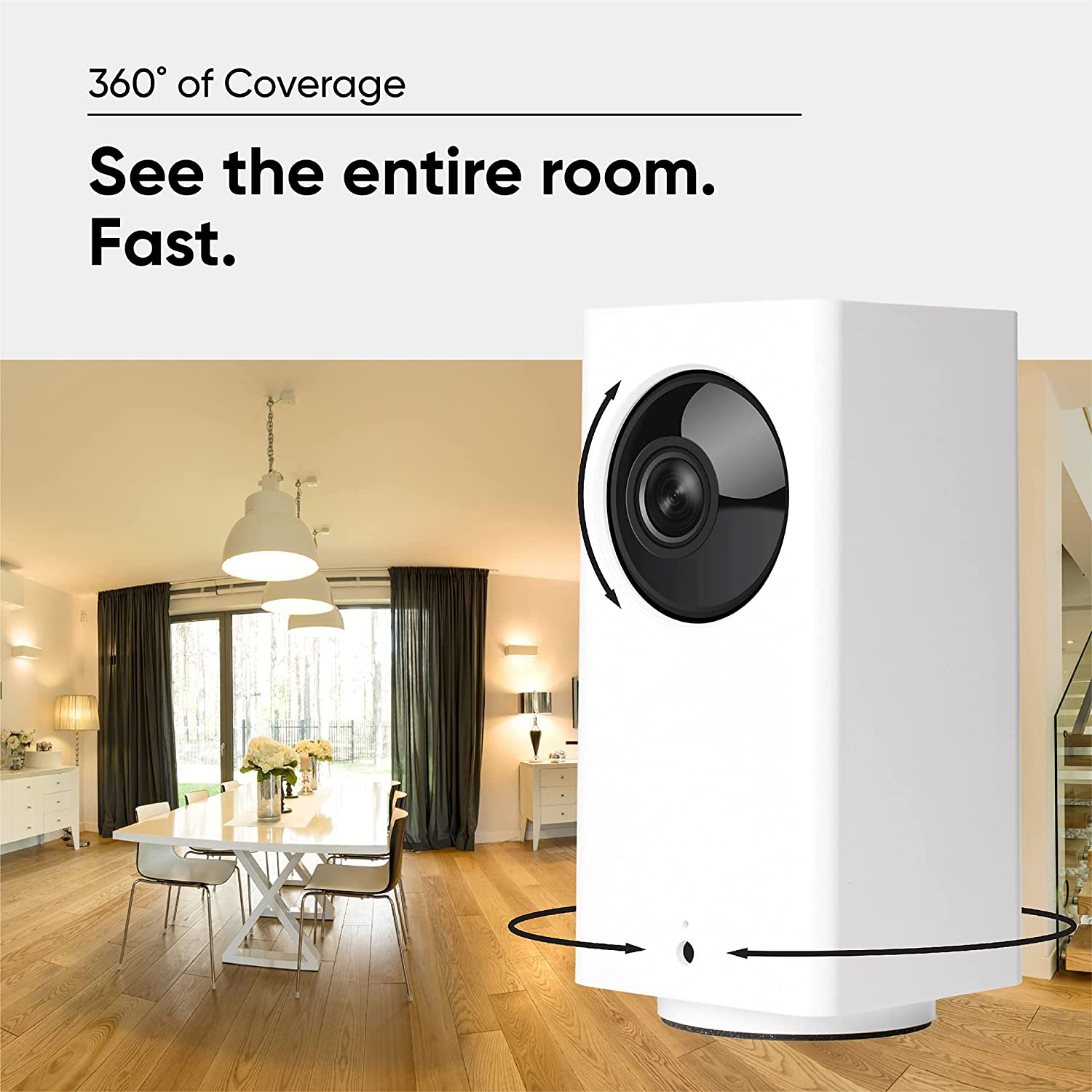 Wyze Cam Pan v2 with arrows pointing up and down and 360 degree rotation capability. Text overlay "360 degree of coverage."
