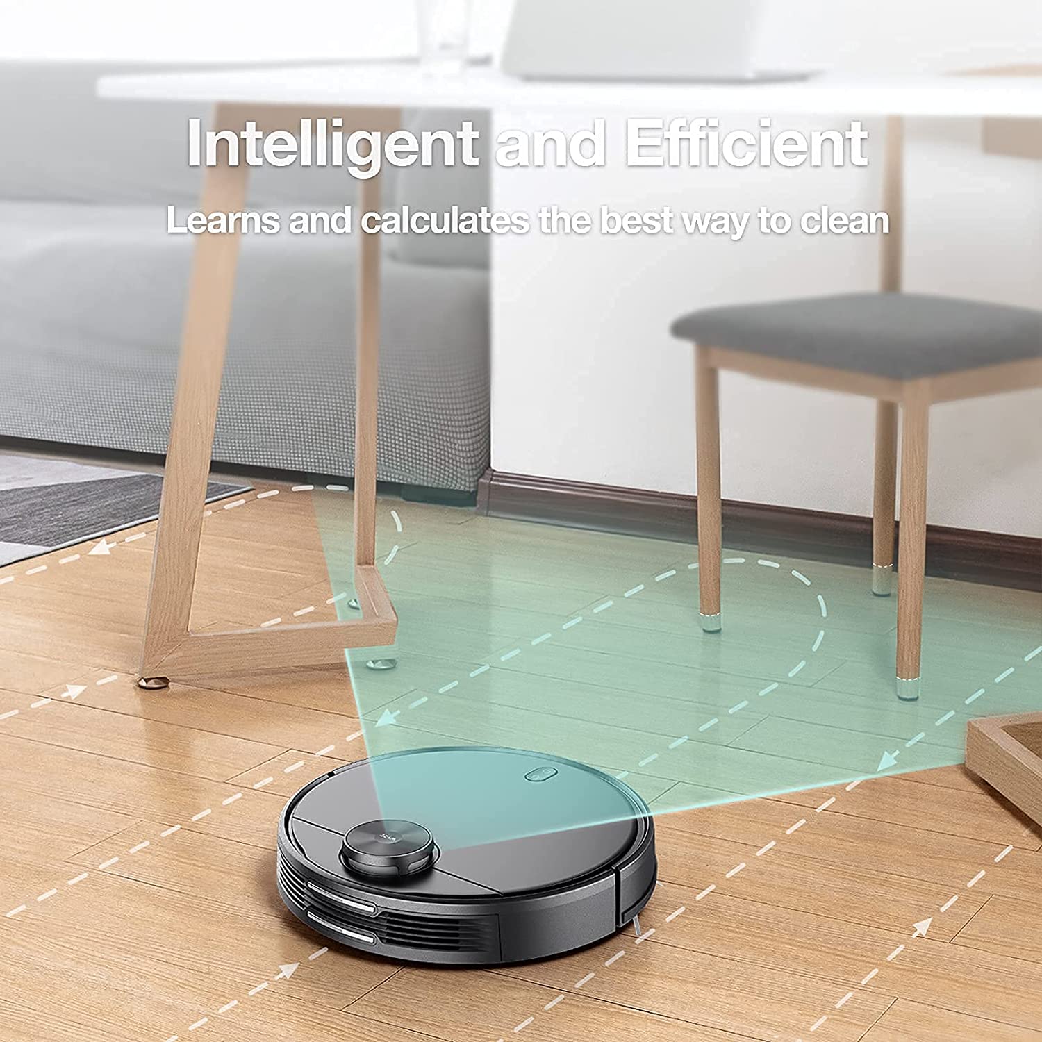 Robot vacuum following the mapped layout of a room.