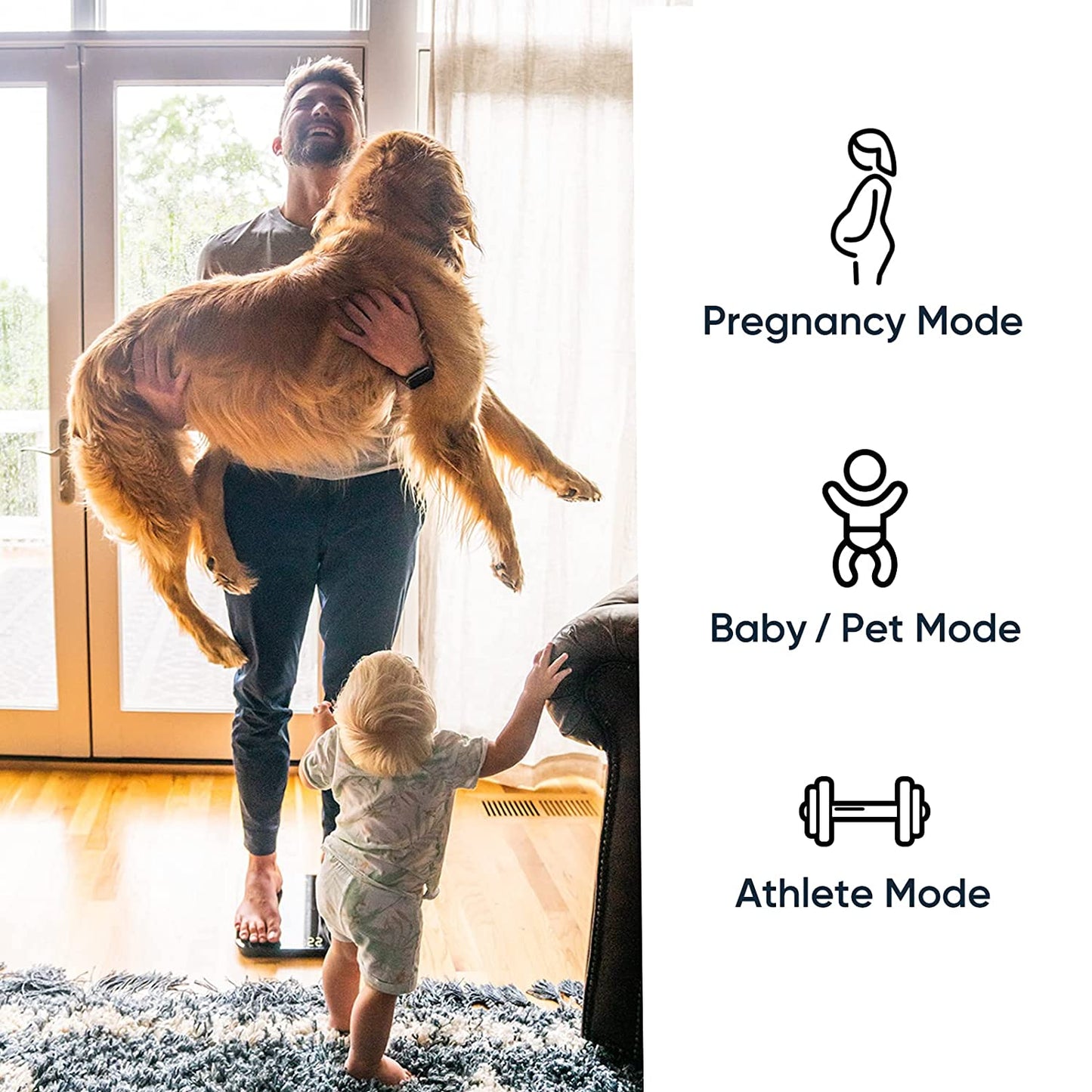 Man holding a dog and standing on scale. Text overlay says, "Pregnancy mode, baby mode, pet mode, athlete mode."
