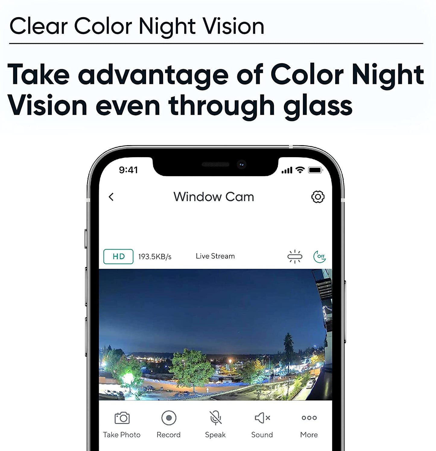 Smartphone camera with the live stream of a camera called Window Cam. Text overlay that says "Clear Color Night Vision."