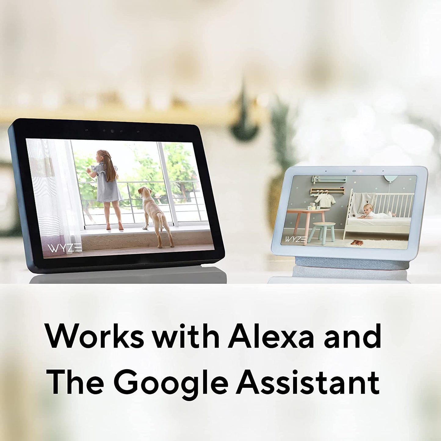 Image of Alexa screen device and Google screen device. Text overlay "Works with Alexa and Google Assistant."